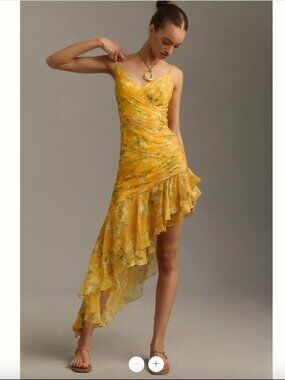 Ieena for Mac Duggal Sleeveless Asymmetrical Ruffled Midi Dress 6 Yellow Floral